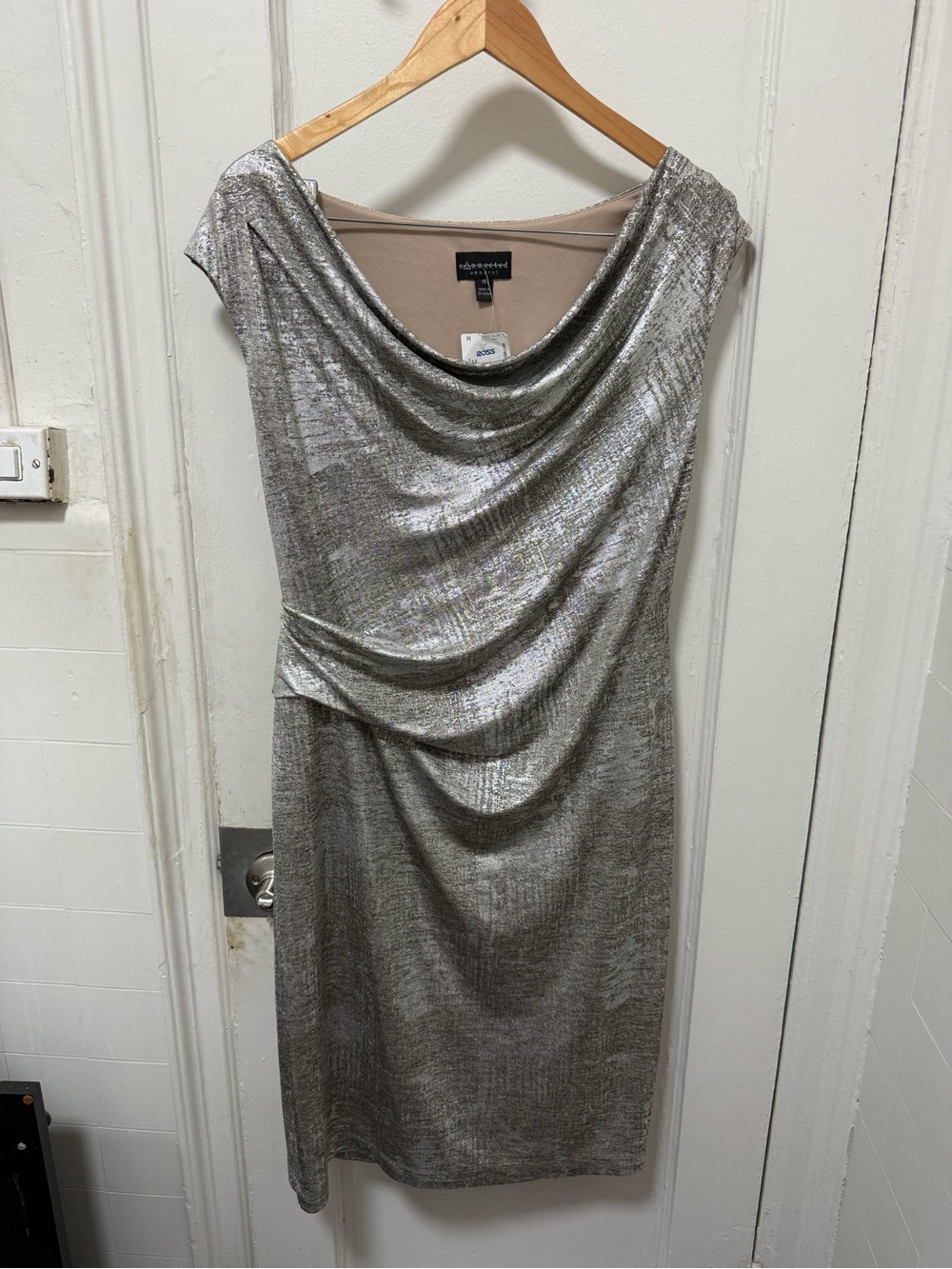 Connected Apparel metallic silver cowl neck ruched cocktail dress size 16 womens